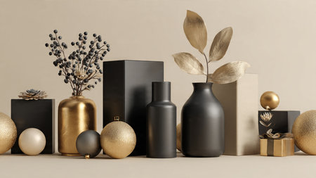 A sophisticated matte-black holiday background accented with luxury gold dの写真素材
