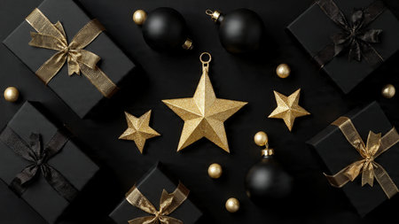 A night-themed black scene with luxurious, glowing gold holiday adornments.の写真素材