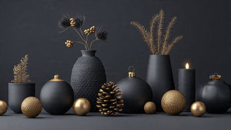A sophisticated matte-black holiday background accented with luxury gold dの写真素材