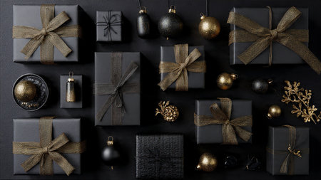 A simple yet refined gold frame built around matte-black festive dの写真素材