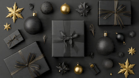 A dramatic, studio-lit holiday setup mixing black minimalism with bold gold tones.の写真素材