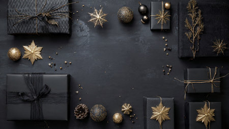 A sophisticated matte-black holiday background accented with luxury gold dの写真素材