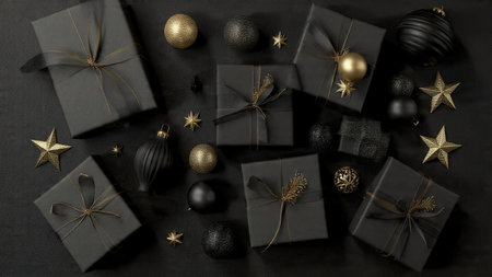 A modern holiday mockup featuring sleek matte-black textures and elegantly minimal gold elements.の写真素材