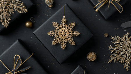 Deep velvet-black textures paired with premium gold holiday elements.の写真素材