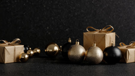 Polished gold packaging elements styled over deep black.の写真素材