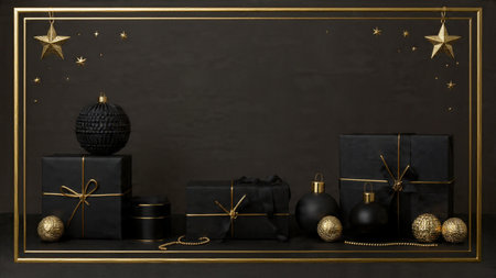 A refined holiday frame featuring matte-black textures and sophisticated gold ornament styling.の写真素材