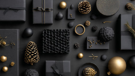 Clean, minimal gold ornaments arranged on matte-black textures.の写真素材