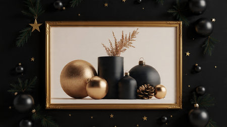 Clean holiday layout featuring pure-gold accents over rich black.の写真素材