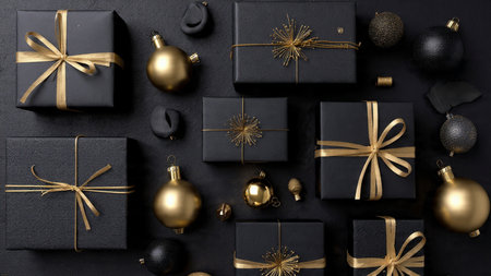A circular gold arrangement framing matte-black festive elements.の写真素材