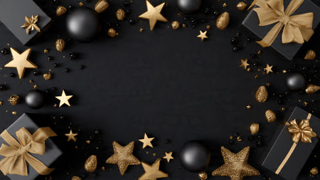A premium seasonal frame with matte-black surroundings and gold decorative points.の写真素材