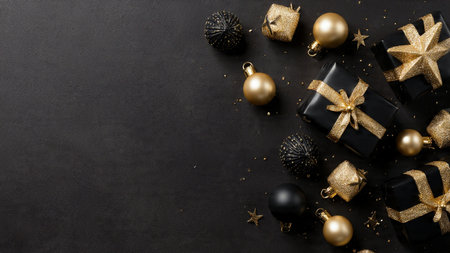 A minimalist top-view design with precise gold ornament placement on black.の写真素材