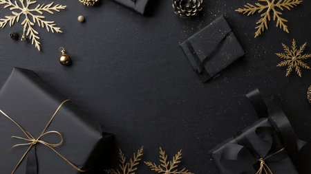 Vintage-style gold gift accents paired with textured black surfaces.の写真素材