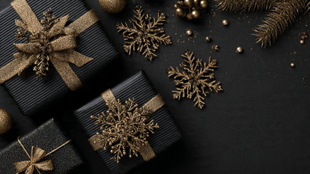 Metallic gold ornaments and premium gift boxes arranged on a matte-black luxury background.の写真素材