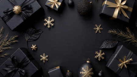 Fashionable holiday gifts in matte-black with premium gold accents.の写真素材