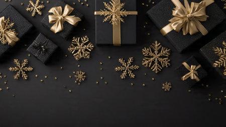 A dramatic black festive backdrop sprinkled with elegant gold details for a high-end seasonal look.の写真素材