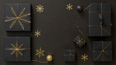 Shimmering gold accents bring depth and warmth to a dark holiday composition.の写真素材