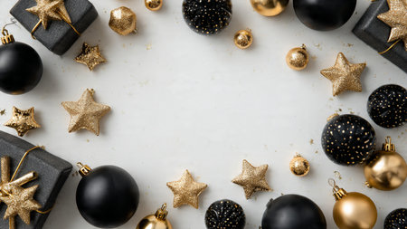 A premium holiday arrangement featuring matte-black tones with shimmering pure-gold elements for a luxury atmosphere.の写真素材