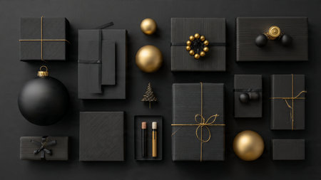 A refined holiday frame featuring matte-black textures and sophisticated gold ornament styling.の写真素材