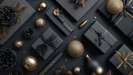 A vintage-style setup with time-worn gold ornaments over textured black fabric.の写真素材