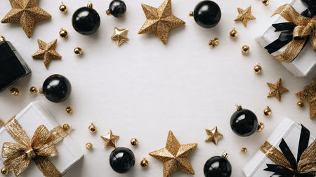 A modern holiday presentation of matte-black gifts wrapped in shimmering gold ribbons.の写真素材