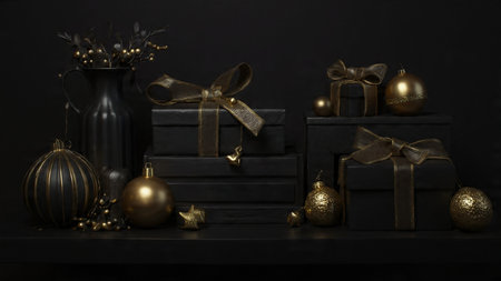 A refined winter gift theme using matte-black packages with rich gold wrapping.の写真素材