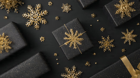 A glowing pure-gold centerpiece contrasted against a black holiday background.の写真素材