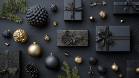 Delicate gold overlays enhance a beautifully balanced matte-black seasonal background.の写真素材