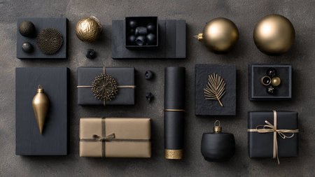 A rich matte-black background draped in polished gold holiday dの写真素材