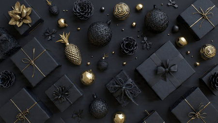 A refined holiday frame featuring matte-black textures and sophisticated gold ornament styling.の写真素材