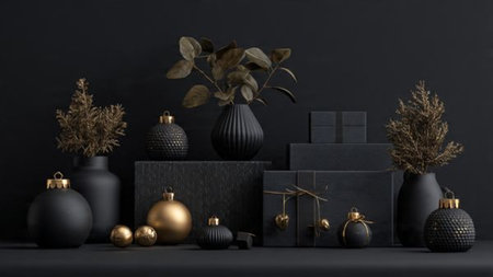 A balanced mix of gold ornaments and black textures arranged in harmony.の写真素材