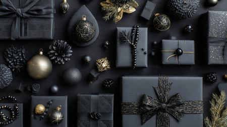 A gold-lit holiday mockup with matte-black textures creating a cinematic seasonal vibe.の写真素材
