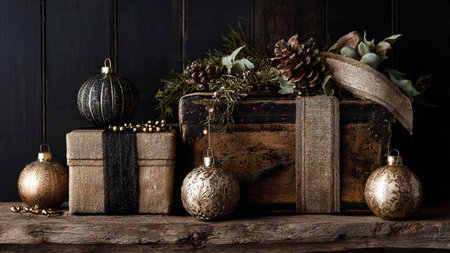 A refined matte-black holiday setup balanced with glowing pure-gold elements for a premium festive look.の写真素材