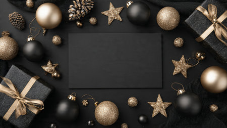 A clean modern flatlay pairing matte-black ornaments with pure-gold stars.の写真素材