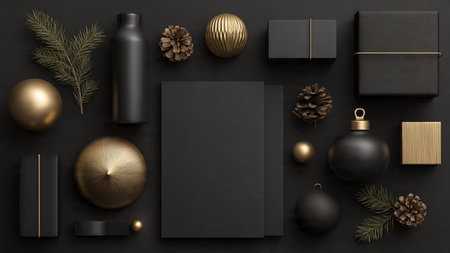 A royal-feeling setup with gold ornaments on rich black surfaces.の写真素材