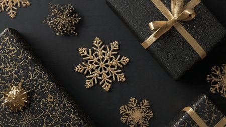 A dramatic, cinematic Christmas layout built around black depth and gold brilliance.の写真素材
