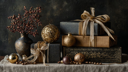 Clean holiday setup with minimal gold accents arranged over a matte-black surface.の写真素材