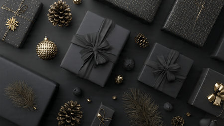 A luxurious matte-black holiday scene enriched with pure-gold decorative accents, arranged with flawless symmetry and premium seasonal styling.の写真素材