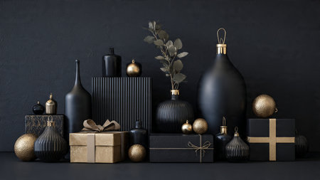 Gold-wrapped gifts sit elegantly atop a sleek matte-black background.の写真素材
