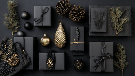 A refined holiday layout showcasing premium gold ornaments resting on matte-black textures.の写真素材