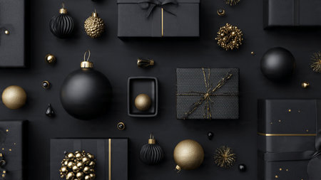 A high-end tabletop display featuring artisan gold ornaments on black.の写真素材