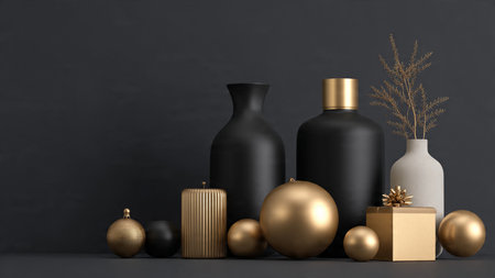 Matte-black gift boxes paired with gleaming gold ribbons for a rich seasonal presentation.の写真素材