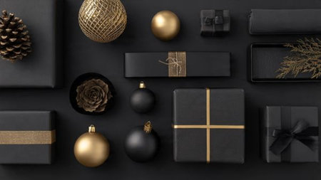 Minimal linear ornament placement combining black and gold elements.の写真素材
