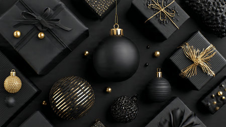 Soft-lit gold snowflakes placed over a matte-black artistic surface.の写真素材