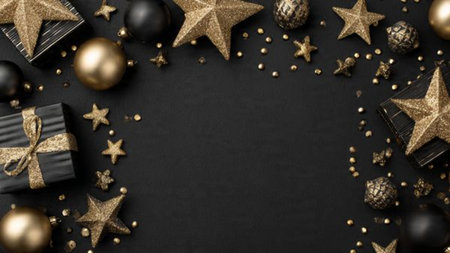 Metallic gold ribbons styled across matte-black surfaces with premium lighting.の写真素材