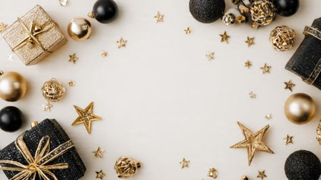 An editorial-style luxury composition showcasing black textures and gold accents.の写真素材