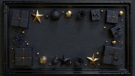 A rich, dark holiday composition styled with striking gold ornaments and smooth, matte textures.の写真素材
