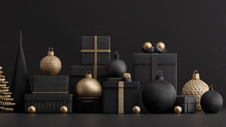 Frosted matte-black textures decorated with polished gold festive details.の写真素材