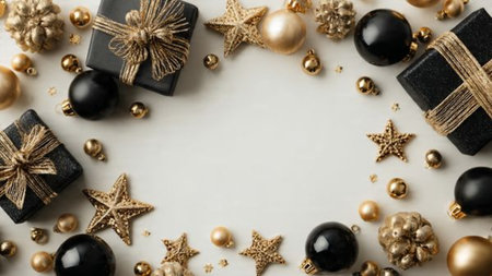 A dramatic black festive backdrop sprinkled with elegant gold details for a high-end seasonal look.の写真素材