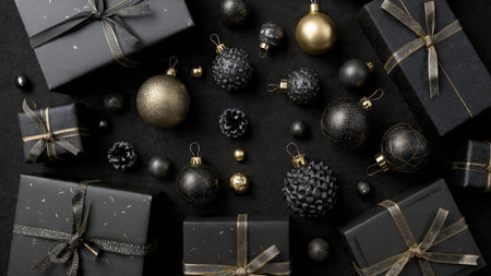 A luxurious matte-black holiday scene enriched with pure-gold decorative accents, arranged with flawless symmetry and premium seasonal styling.の写真素材