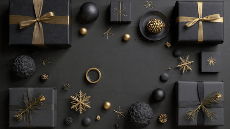 Metallic gold ribbons styled across matte-black surfaces with premium lighting.の写真素材